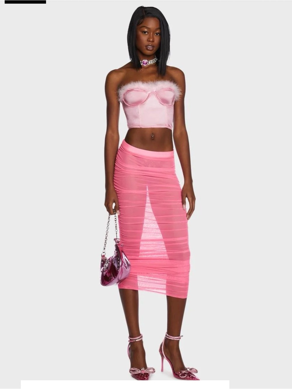 Dolls Kill Pink Sheer Ruched Midi Skirt